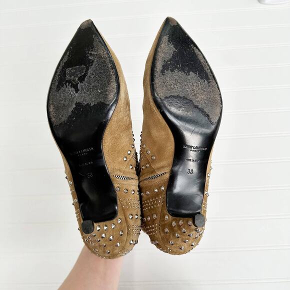 Saint Laurent Cat Ankle Bootie 50 Tan Suede Studded Heels Western Kitten - Picture 4 of 14